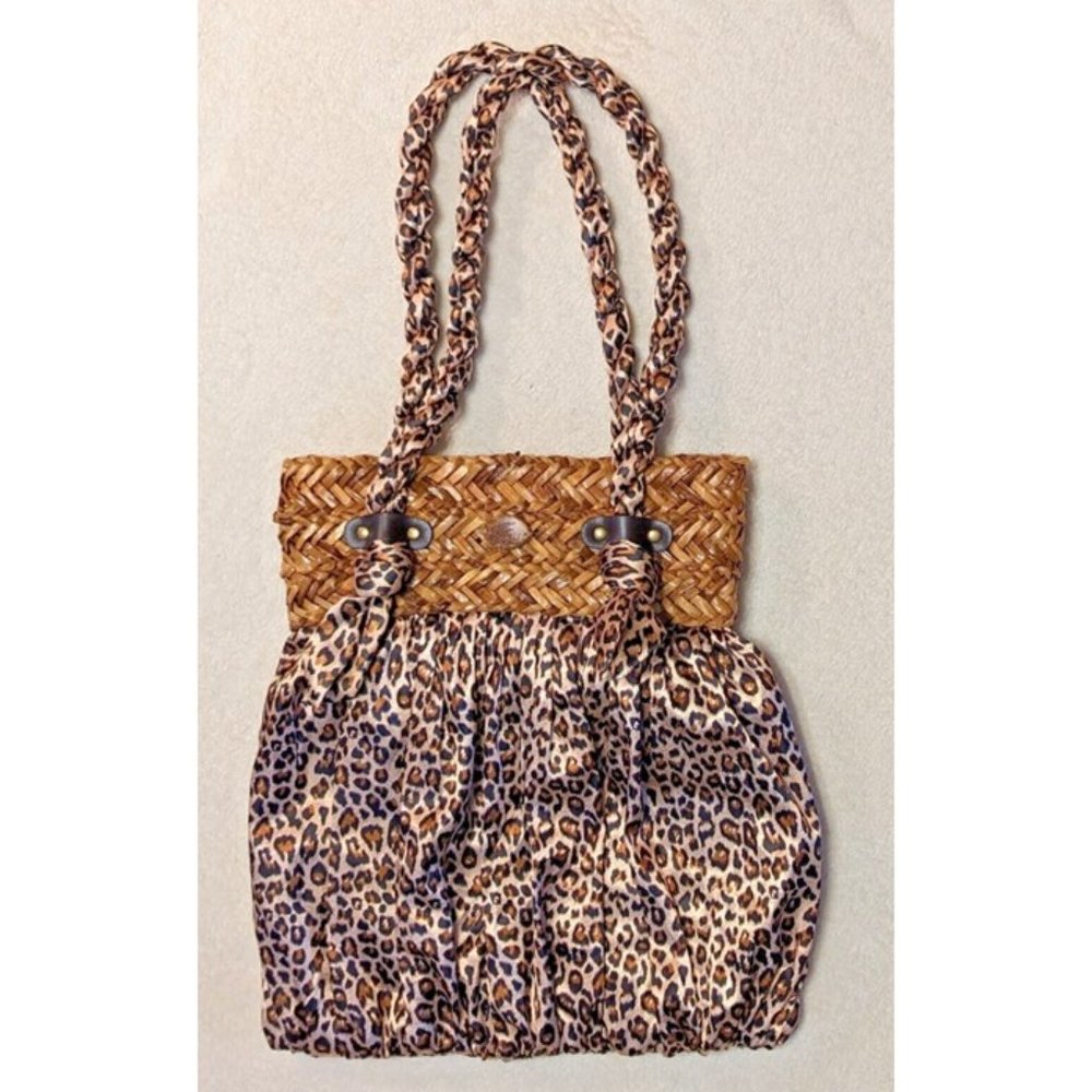 Cappelli Straworld Purse Leopard Print Satin Fabric and Straw Boho Summer Bag